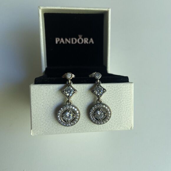 PANDORA Vintage Allure Clear CZ Dangle Earrings #290722CZ RETIRED Authentic - Picture 2 of 5